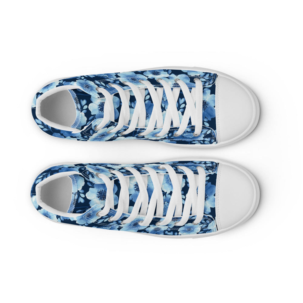 True Blue Floral Women’s High Top Sneakers - White Color - https://ascensionemporium.net